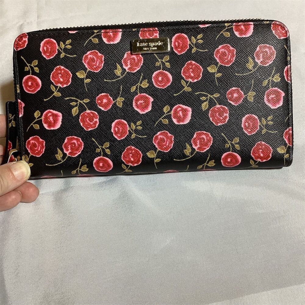 Kate Spade Women's Zip-Around Wallet Black Floral Leather Logo Accents